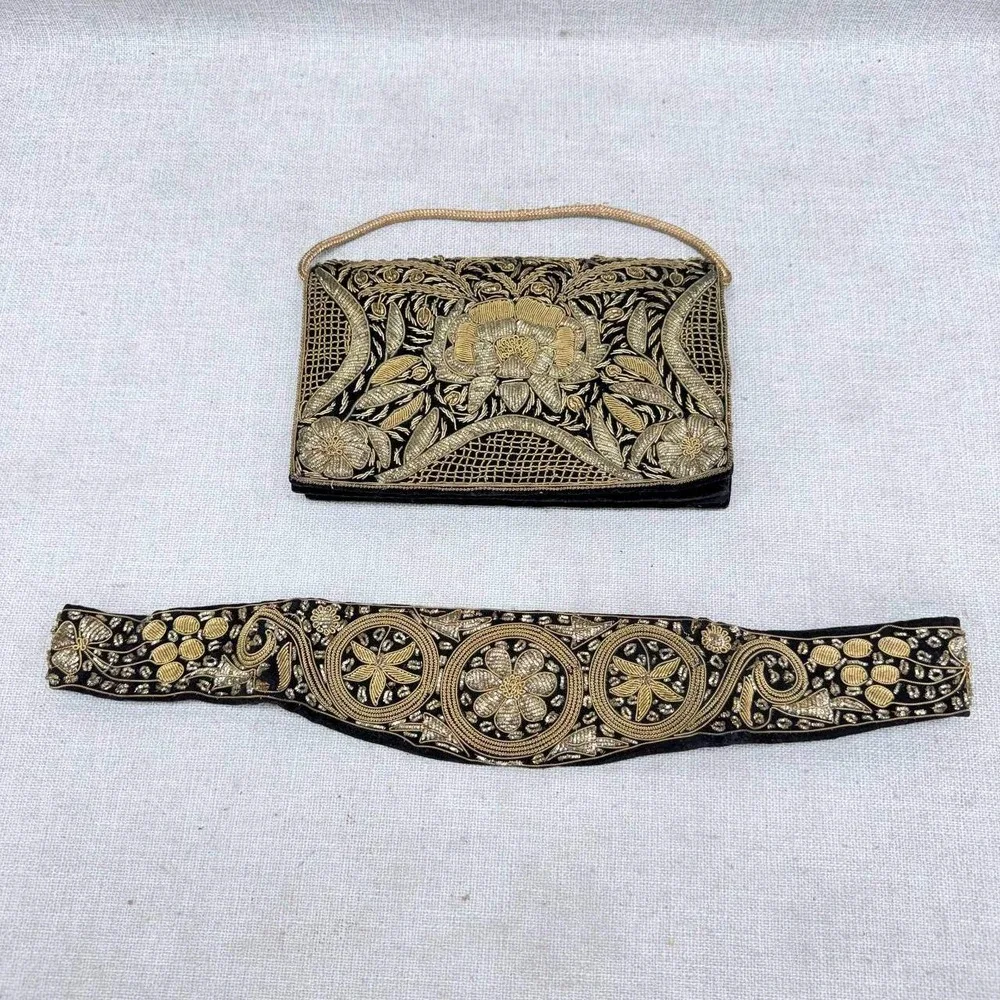 Vintage Zardozi Gold Bullion Black Velvet Clutch and Belt Set Made in India